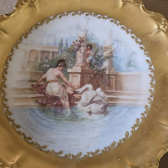 Limoges B&H Blakeman & Henderson Hand Painted Gold Rim Dish Woman Swan Cupid 12" - Picture 3 of 13